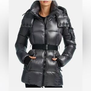 SAM. Shiny Charcoal Belted Puffer Jacket